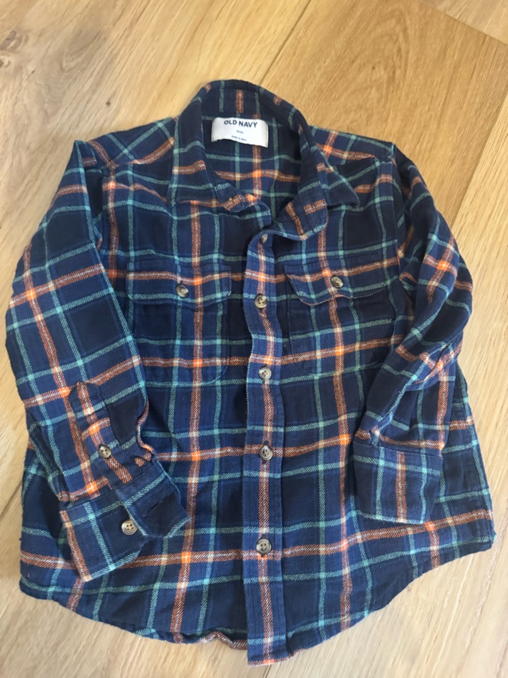 Old Navy Navy Plaid Shirt with Orange & Teal Stripes